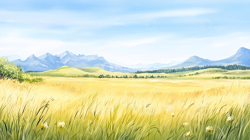 高清大图下载【趣麦麦图】金色麦田与雪山风景