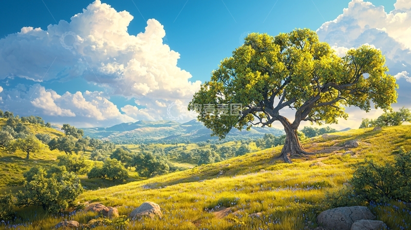 高清大图下载【趣麦麦图】夏日山间绿树蓝天风景