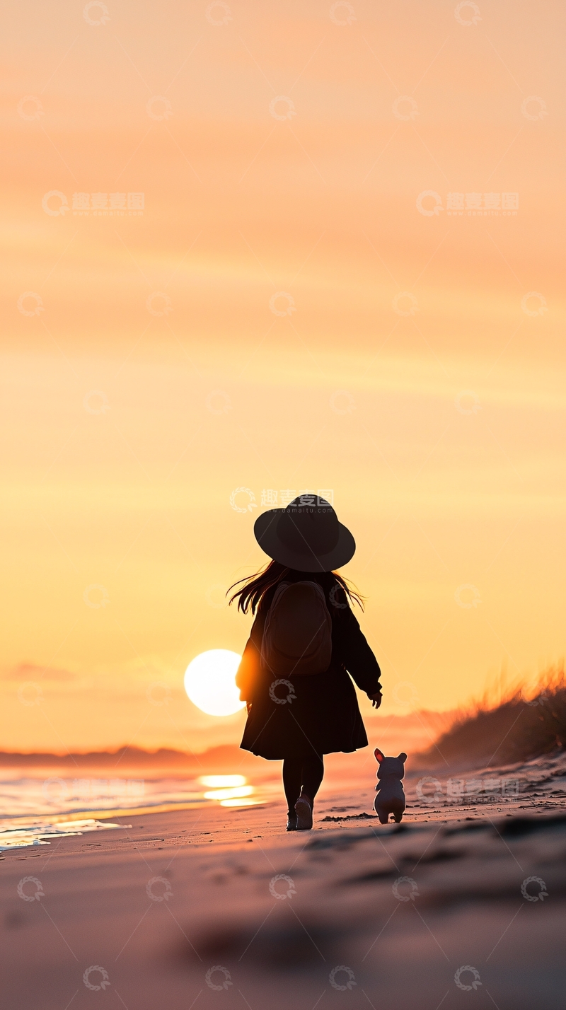 高清大图下载【趣麦麦图】夕阳下的海滩散步