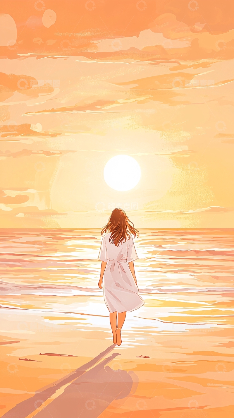 高清大图下载【趣麦麦图】夕阳下的海边漫步