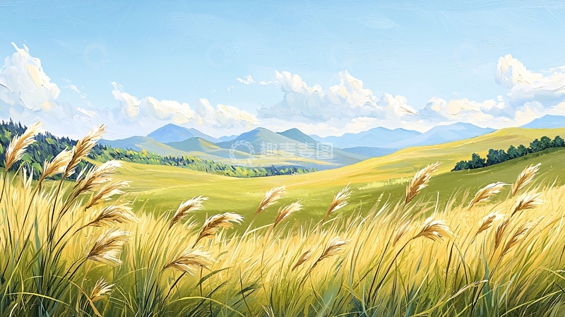 高清大图下载【趣麦麦图】金色麦田与远处山脉