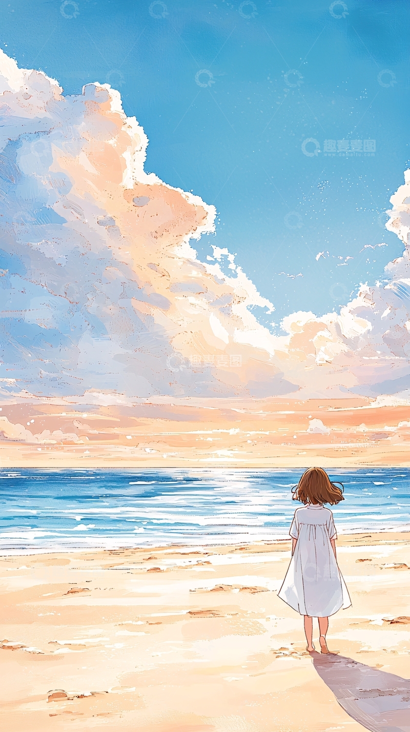 高清大图下载【趣麦麦图】海边独行的少女
