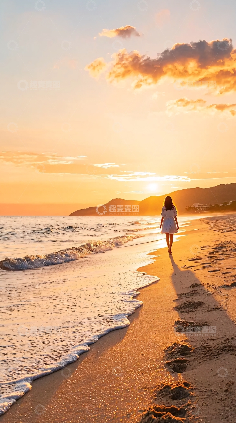 高清大图下载【趣麦麦图】夕阳海滩漫步
