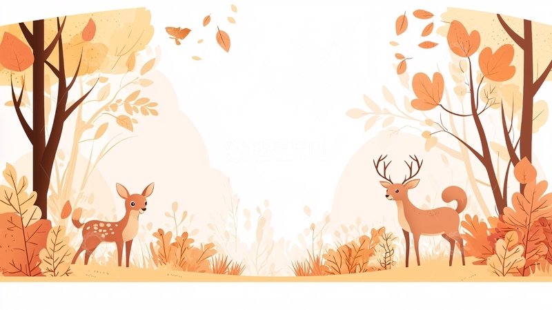 高清大图下载【趣麦麦图】秋日森林中的鹿与蝴蝶