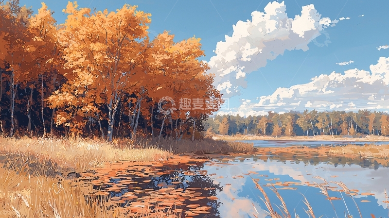 高清大图下载【趣麦麦图】秋日湖畔风景画