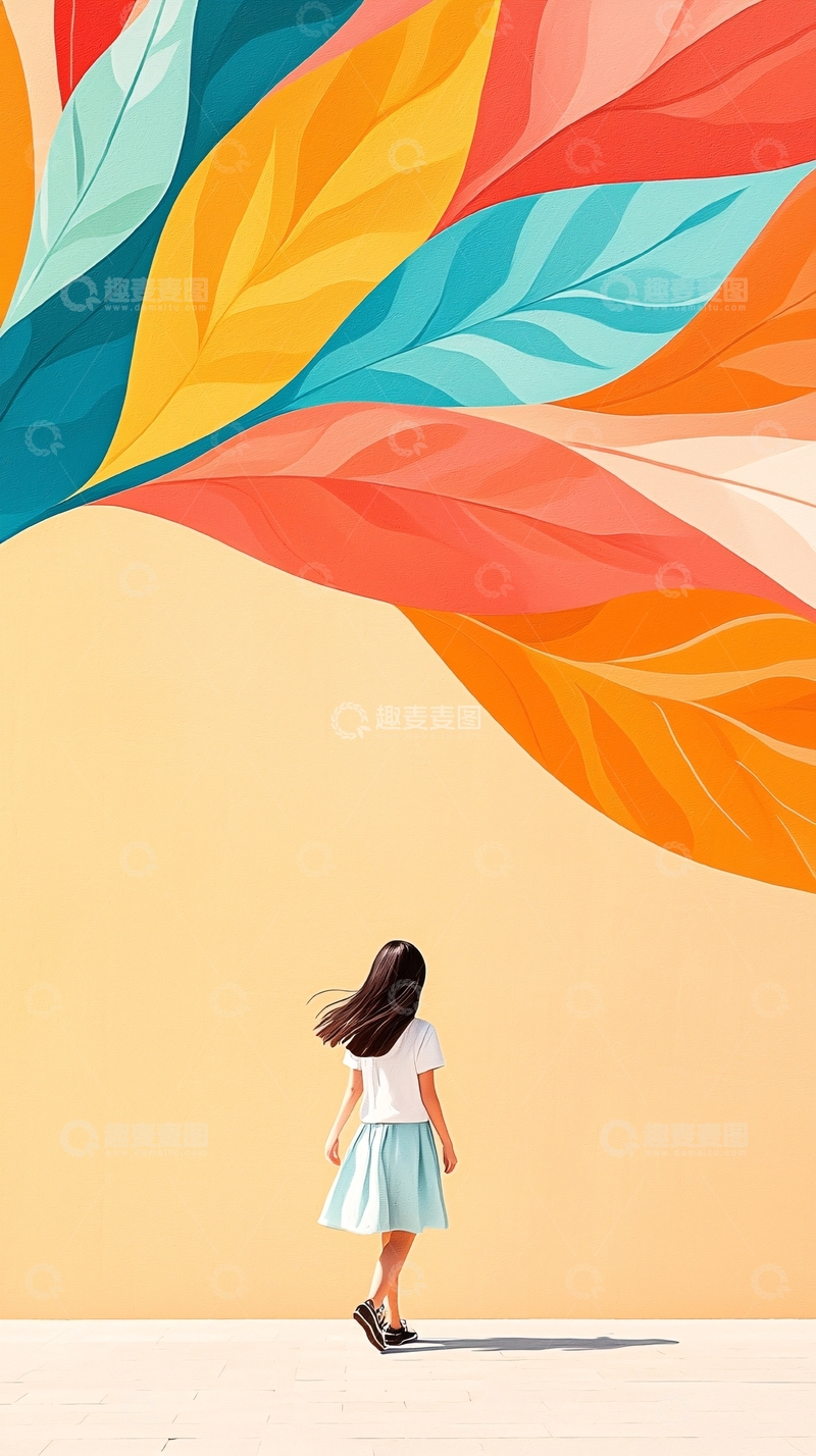 高清大图下载【趣麦麦图】女孩与色彩斑斓的叶子