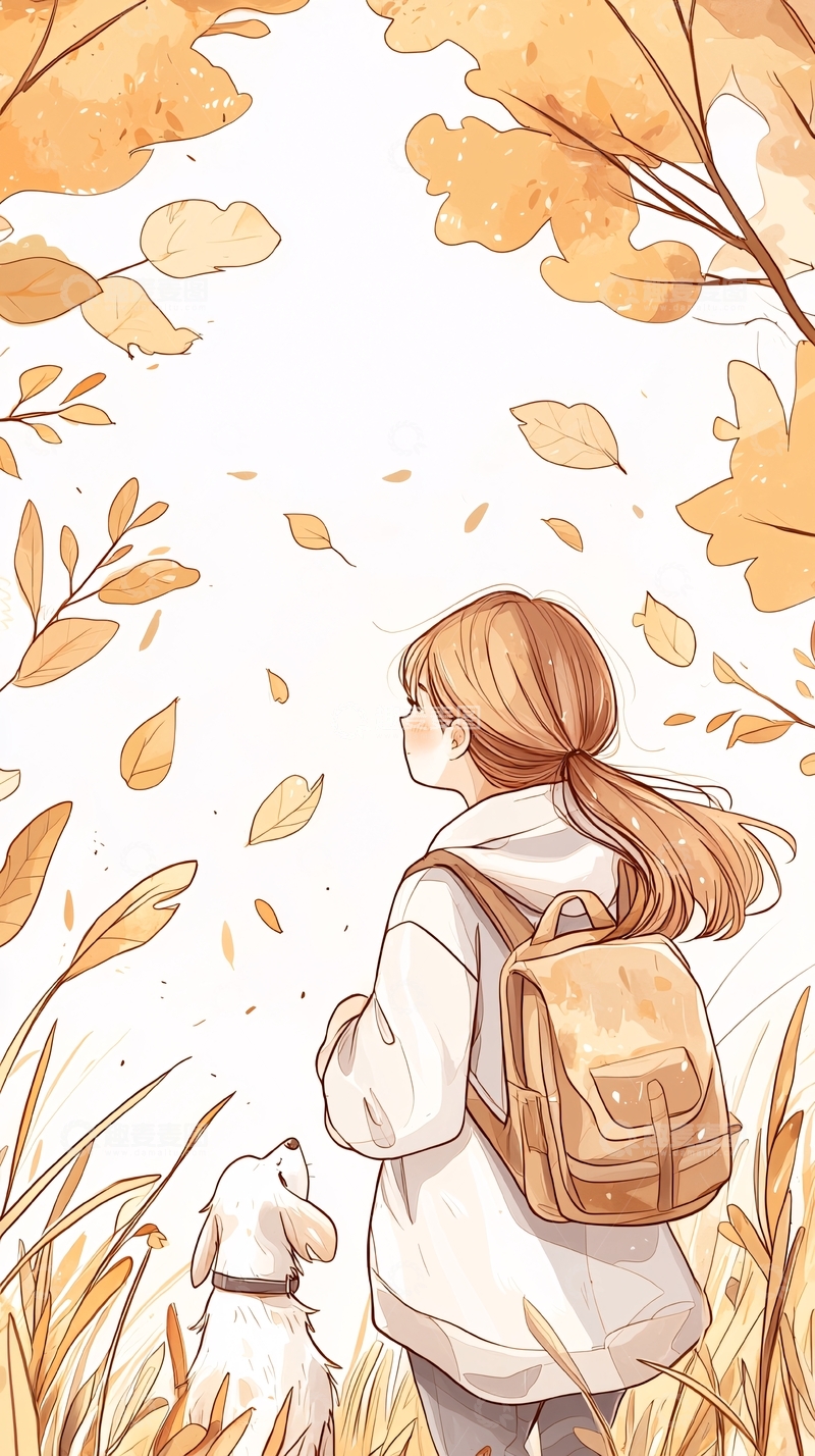 高清大图下载【趣麦麦图】秋日散步的女孩与小狗