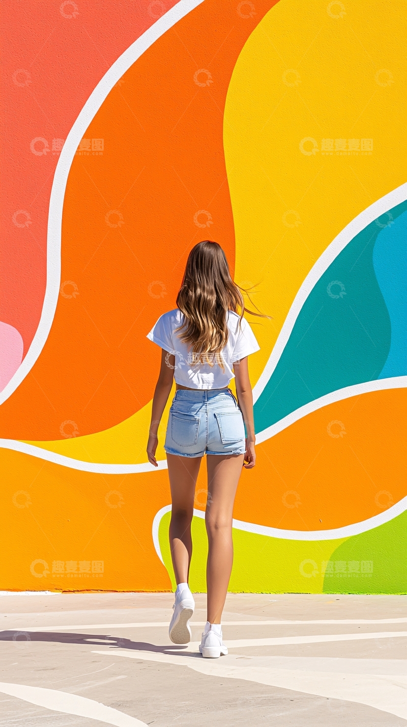 高清大图下载【趣麦麦图】夏日街头彩色背景下的背影