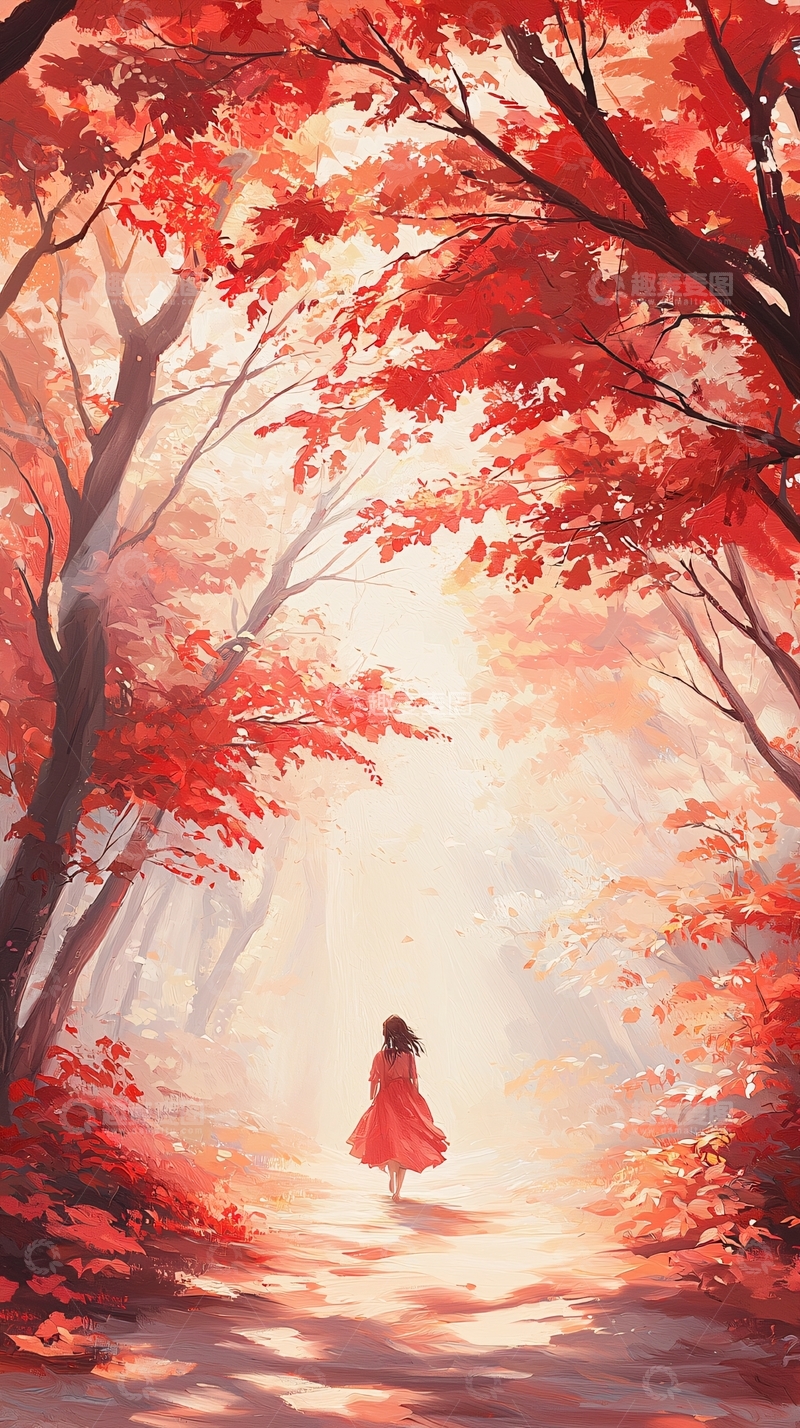 高清大图下载【趣麦麦图】秋日森林中的红衣女子