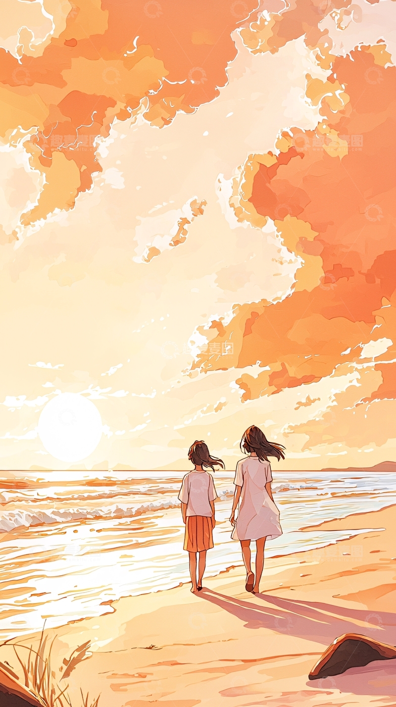 高清大图下载【趣麦麦图】夕阳海滩散步情侣