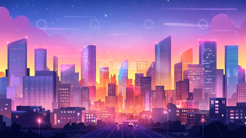 高清大图下载【趣麦麦图】霓虹城市夜景插画