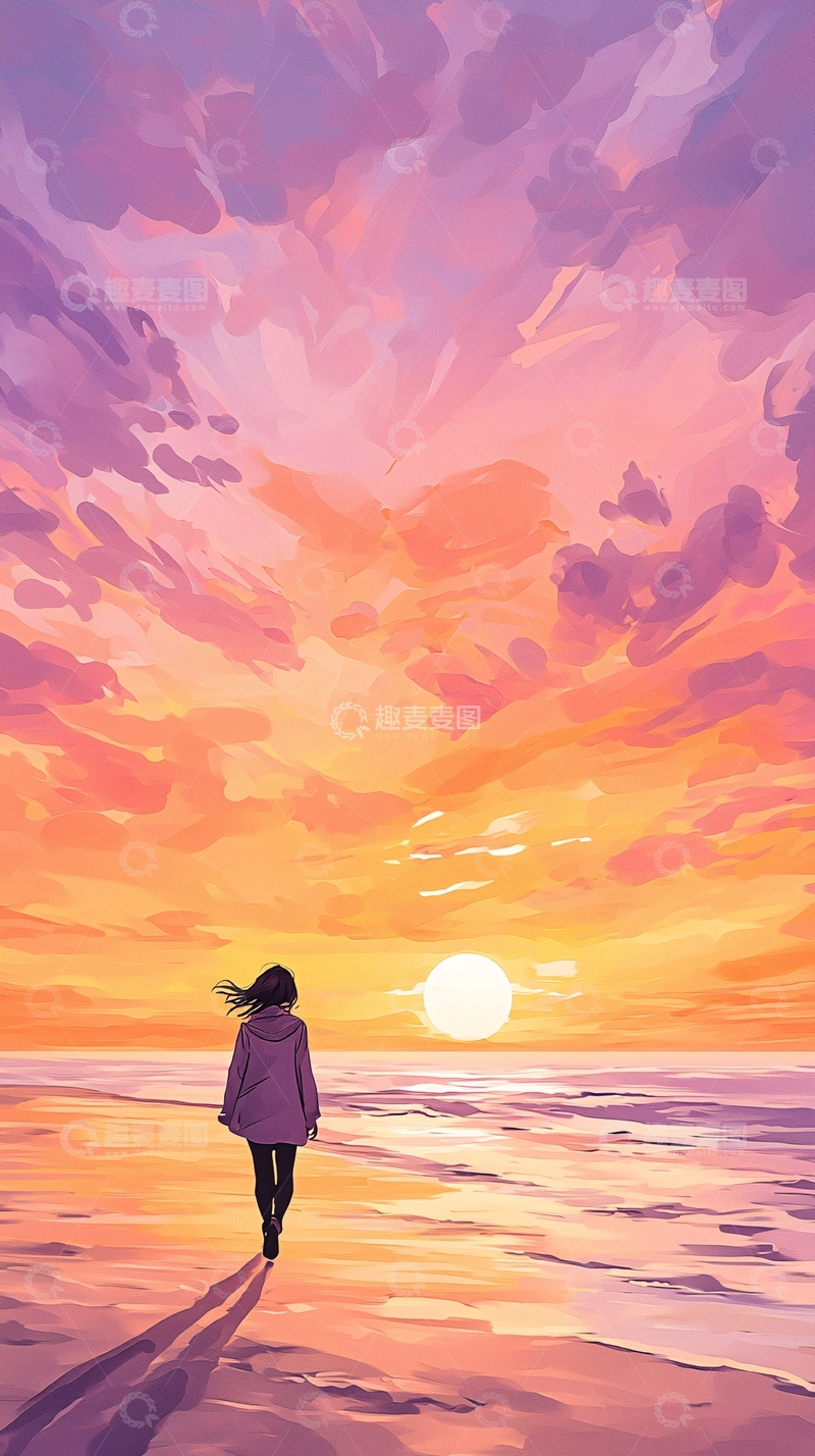 高清大图下载【趣麦麦图】夕阳下的海边漫步