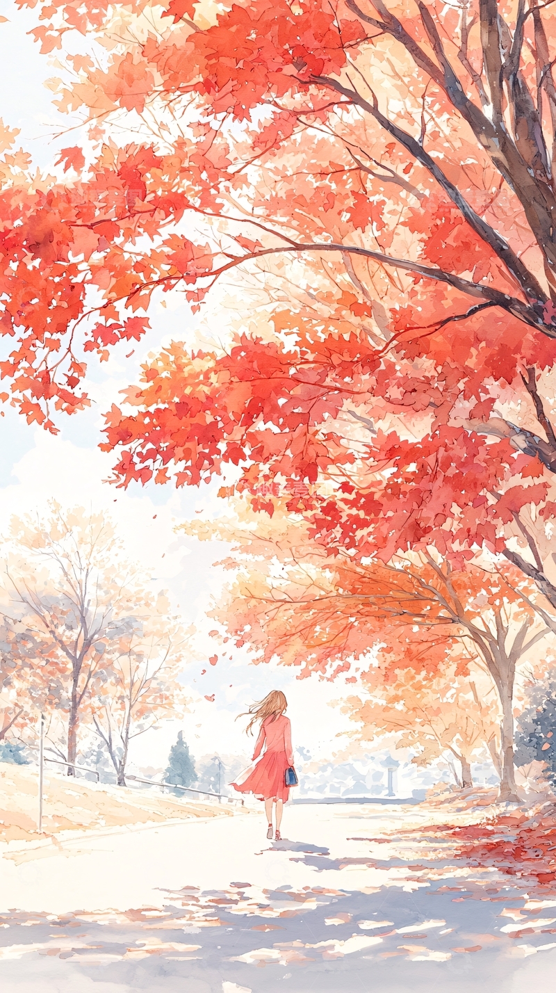 高清大图下载【趣麦麦图】秋日漫步小径上的女孩