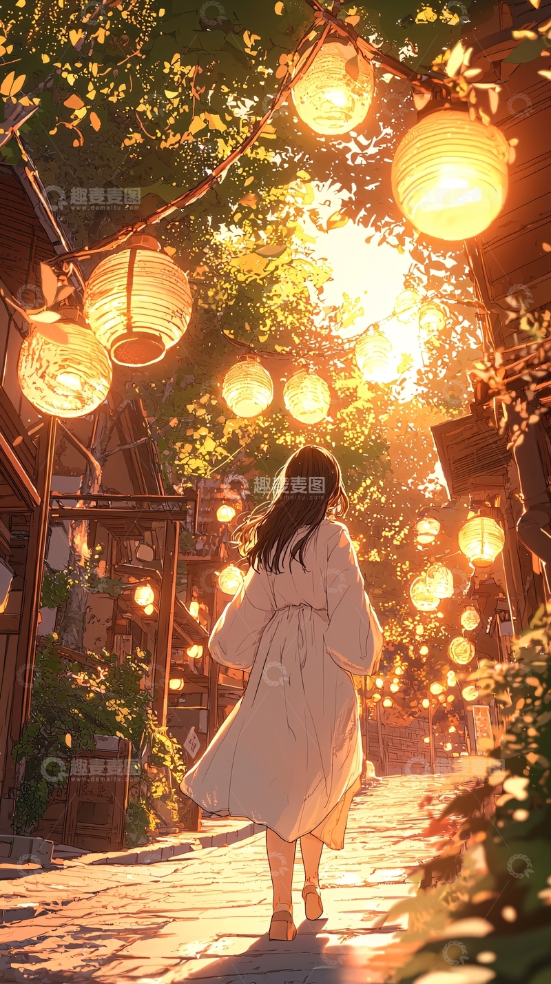 高清大图下载【趣麦麦图】秋日巷弄中的灯笼与女孩