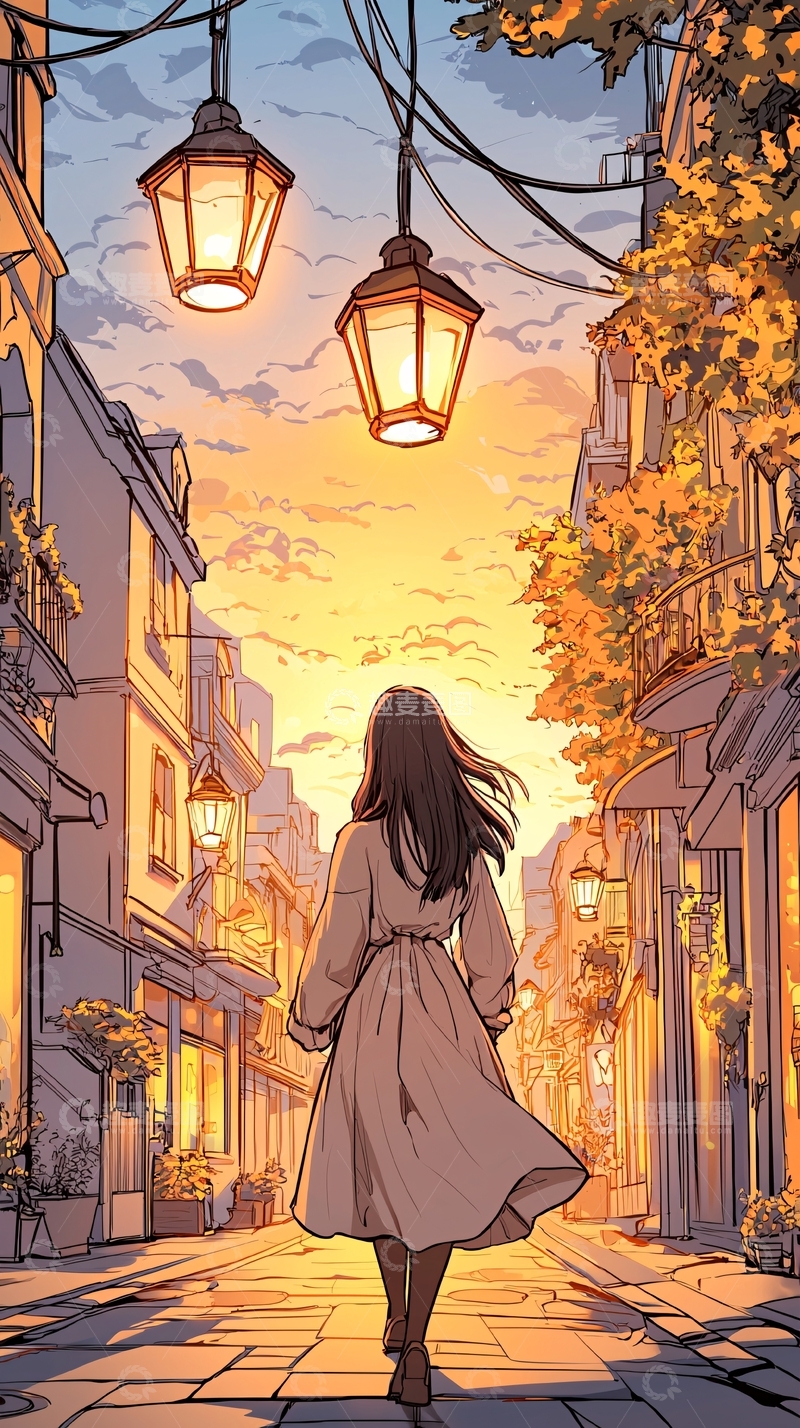 高清大图下载【趣麦麦图】秋日黄昏下的小巷漫步