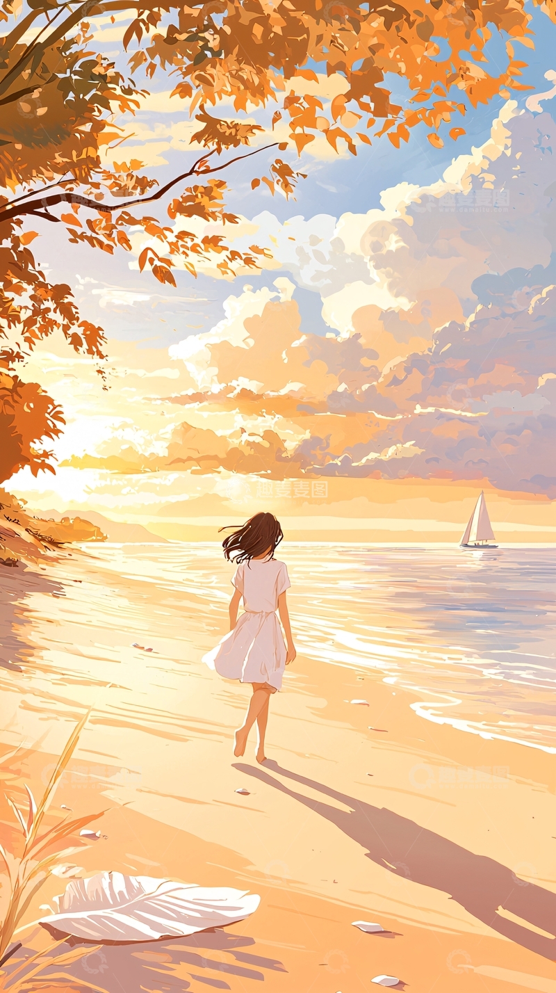高清大图下载【趣麦麦图】秋日海边漫步的女孩