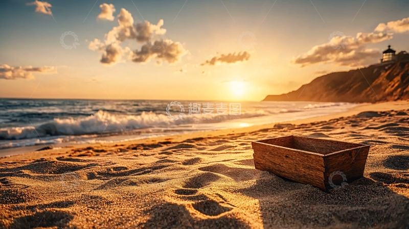 高清大图下载【趣麦麦图】夕阳海滩上的木箱
