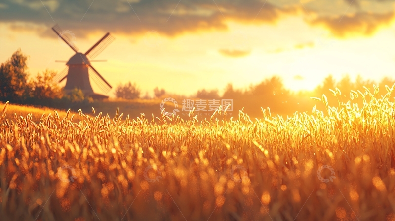 高清大图下载【趣麦麦图】夕阳下的风车与麦田
