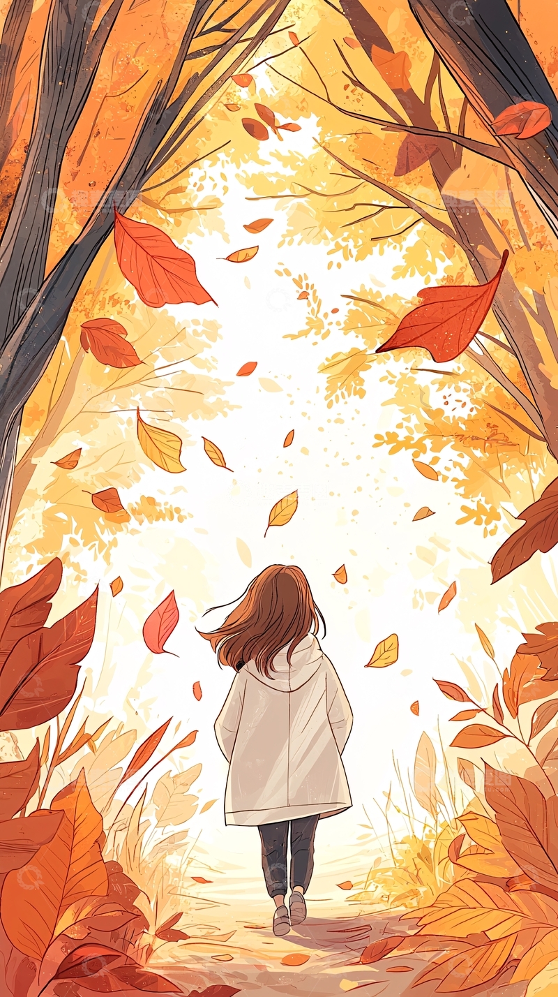 高清大图下载【趣麦麦图】秋日落叶中的女孩