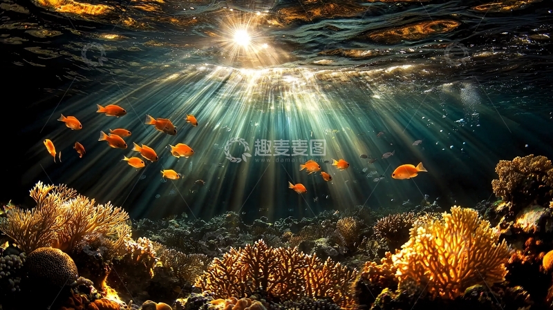 高清大图下载【趣麦麦图】阳光下的珊瑚礁与热带鱼