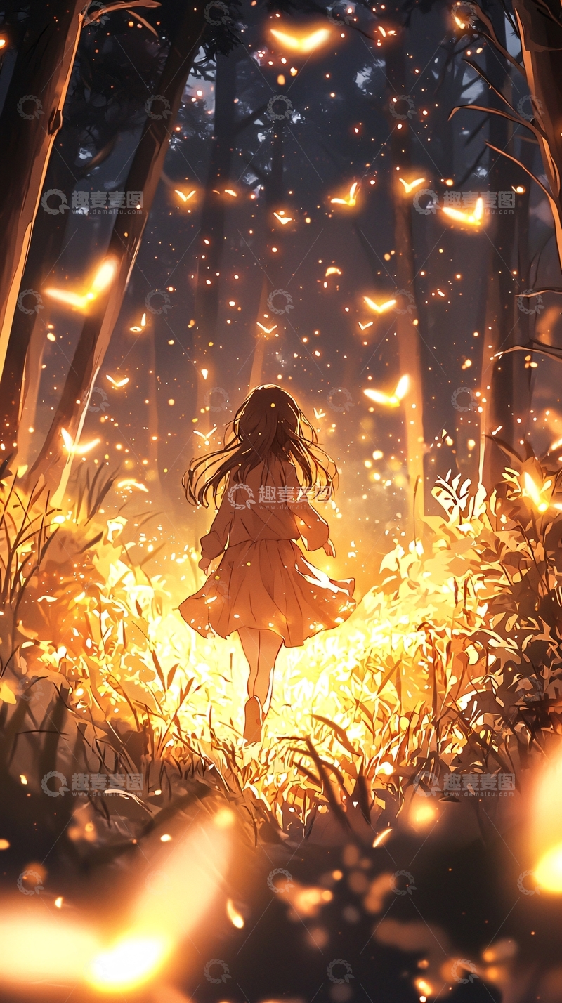 高清大图下载【趣麦麦图】森林中的女孩与飞舞的萤火虫