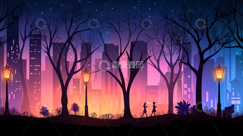 高清大图下载【趣麦麦图】夜晚城市公园散步剪影