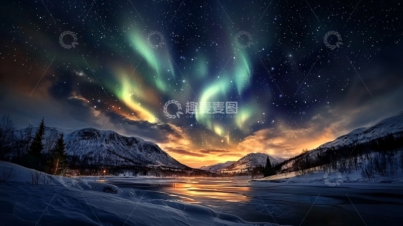 高清大图下载【趣麦麦图】极光下的雪山湖泊夜景