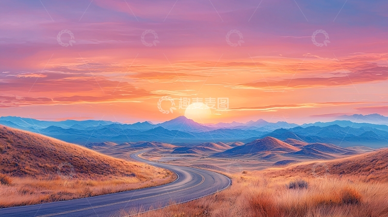 高清大图下载【趣麦麦图】夕阳下的蜿蜒山路