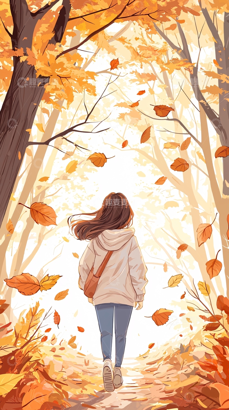 高清大图下载【趣麦麦图】秋日森林漫步女孩