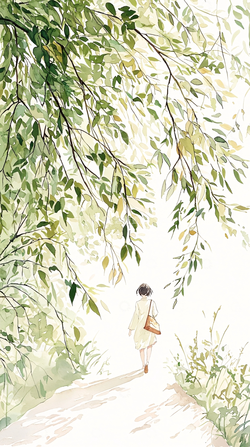 高清大图下载【趣麦麦图】绿荫小径上的背影