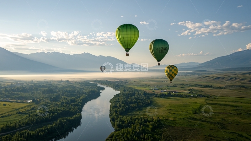 高清大图下载【趣麦麦图】热气球飞行在山谷上空