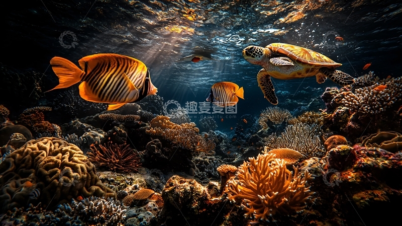 高清大图下载【趣麦麦图】海底珊瑚礁与海龟鱼群