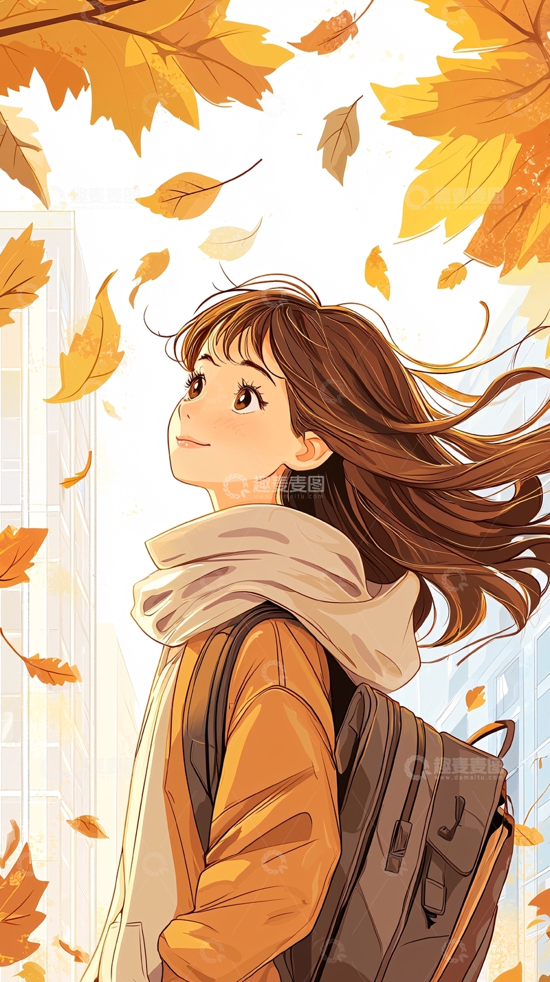高清大图下载【趣麦麦图】秋日落叶中的女孩
