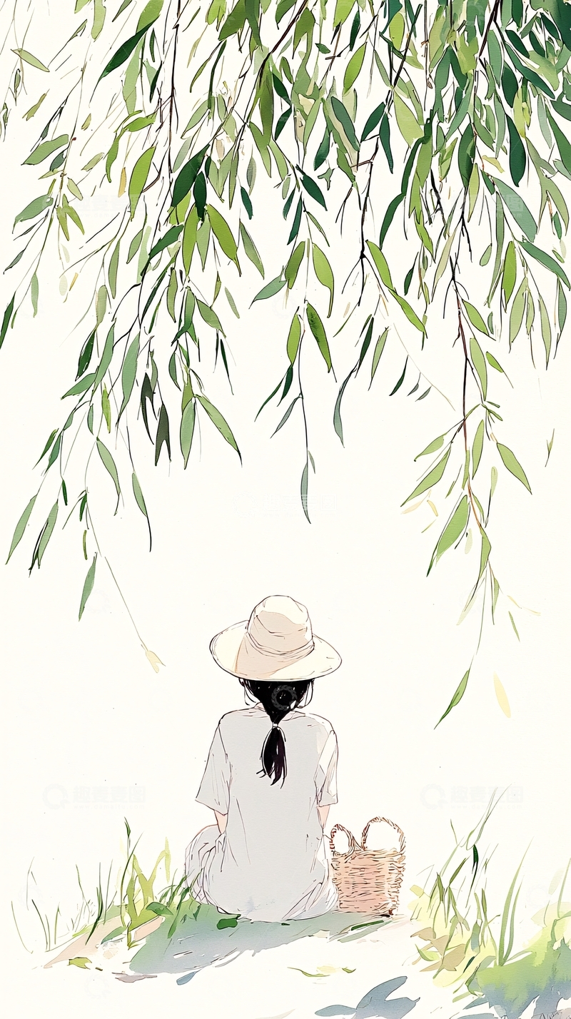 高清大图下载【趣麦麦图】柳下独坐的女子