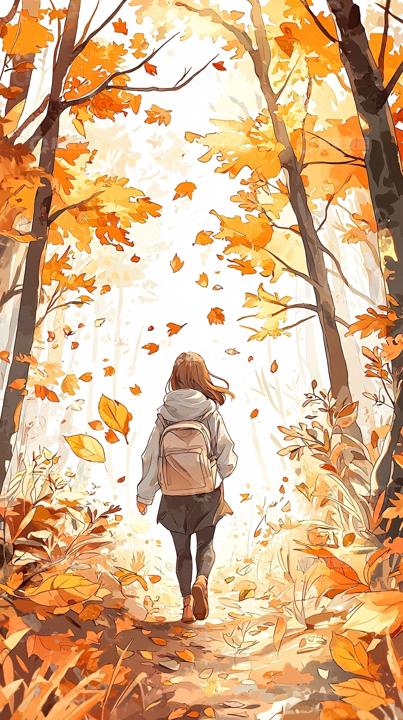 高清大图下载【趣麦麦图】秋日森林漫步女孩