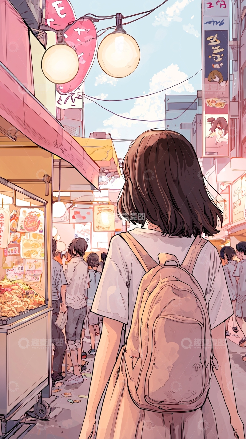 高清大图下载【趣麦麦图】夏日市场漫步女孩