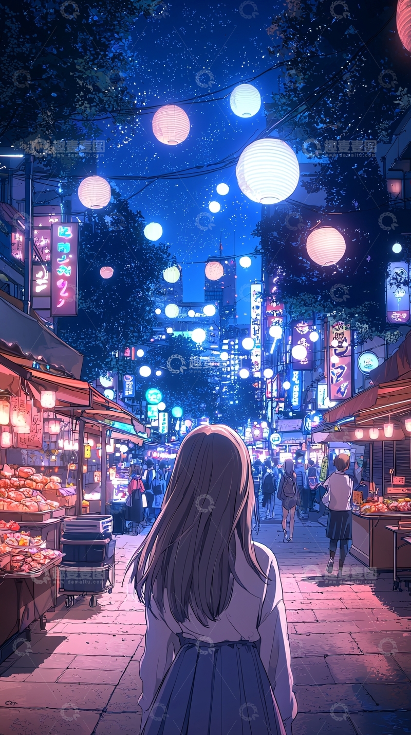 高清大图下载【趣麦麦图】夜晚市场漫步