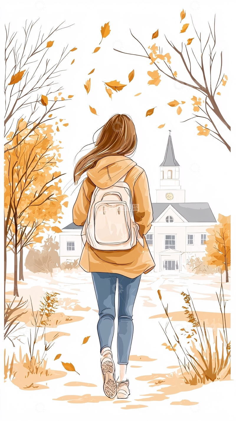 高清大图下载【趣麦麦图】秋日校园背影插画