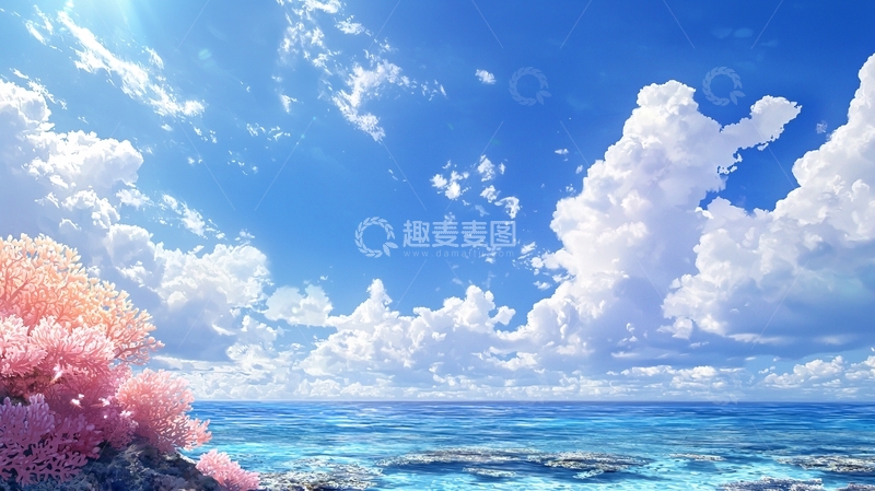 高清大图下载【趣麦麦图】梦幻海滩珊瑚与蓝天白云