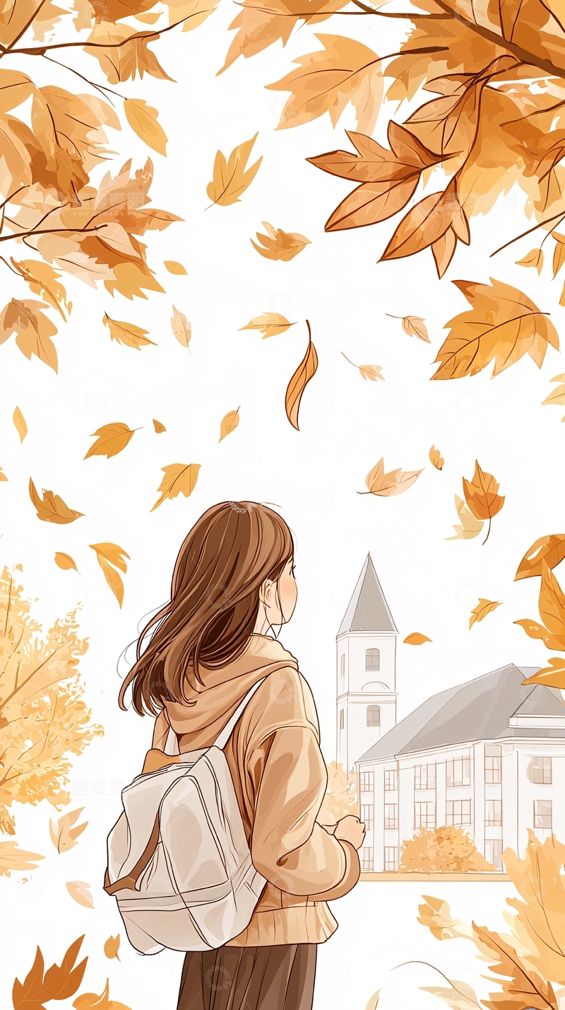 高清大图下载【趣麦麦图】秋日校园背影插画