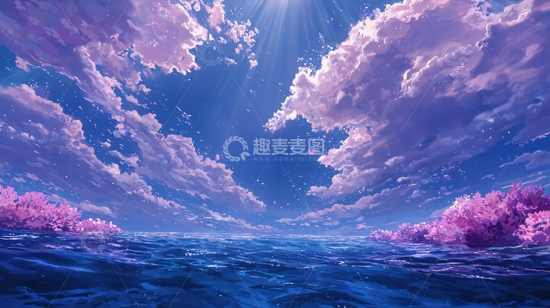 高清大图下载【趣麦麦图】梦幻海洋与粉紫色天空