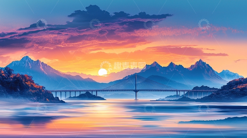 高清大图下载【趣麦麦图】日落山川桥梁风景