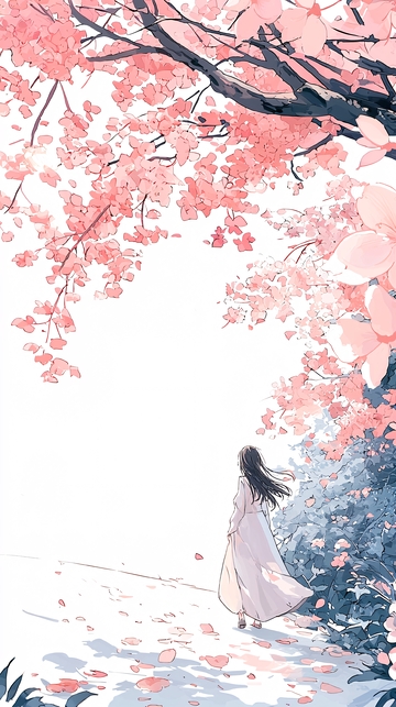 樱花树下漫步的女孩