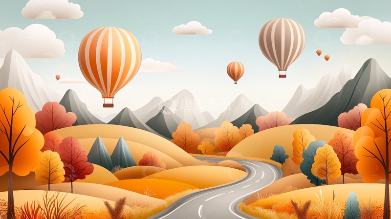 高清大图下载【趣麦麦图】秋日热气球山间风景