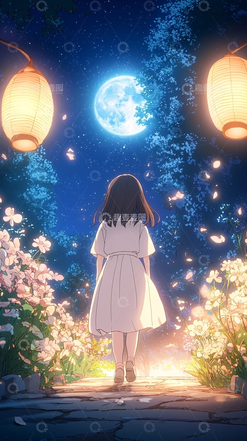 高清大图下载【趣麦麦图】月下樱花少女漫步