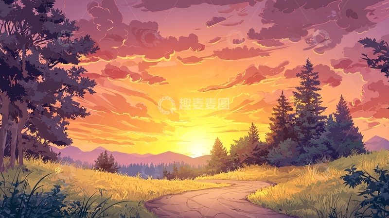 高清大图下载【趣麦麦图】夕阳下的森林小径