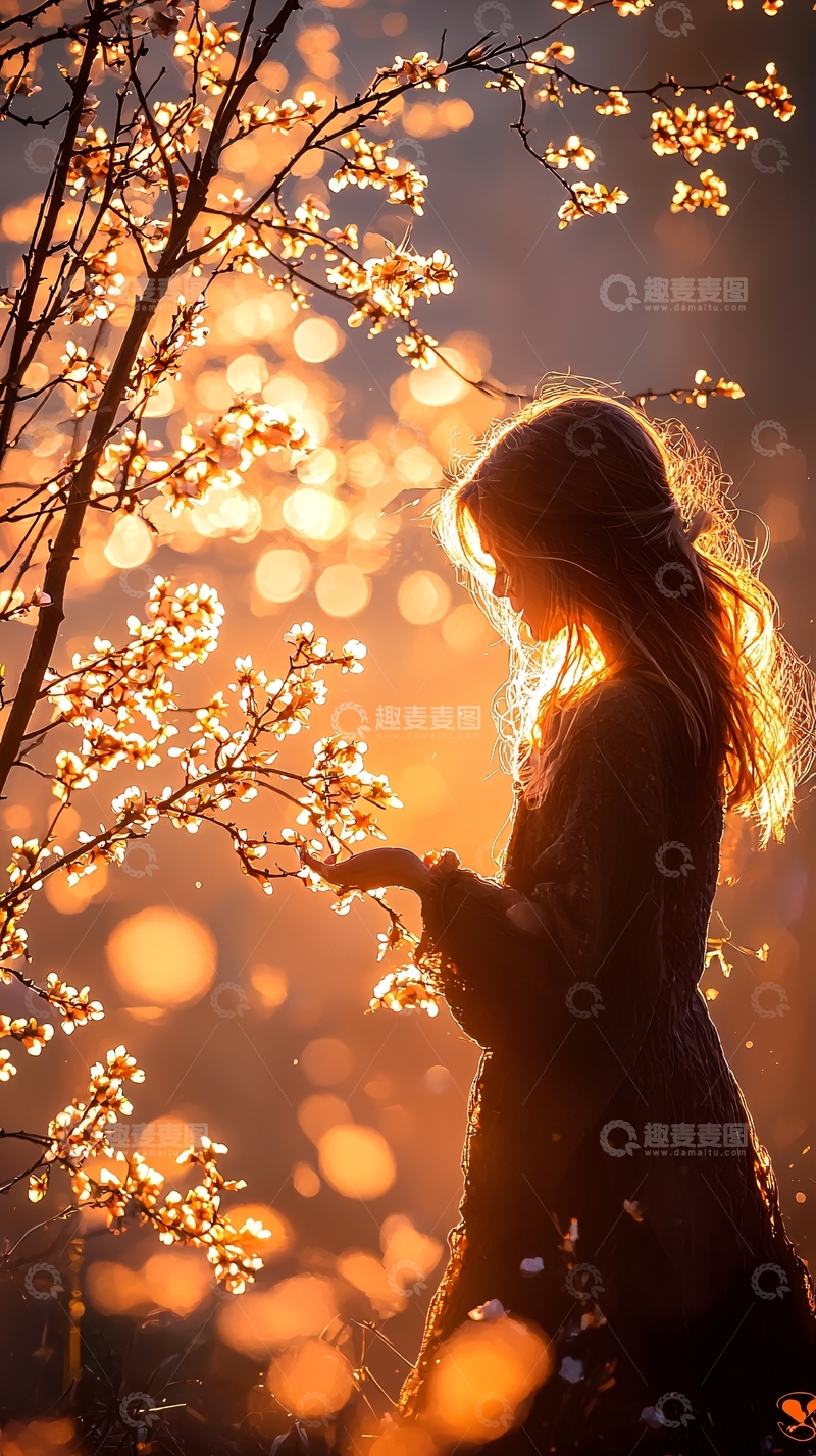 高清大图下载【趣麦麦图】夕阳下的女孩与花枝