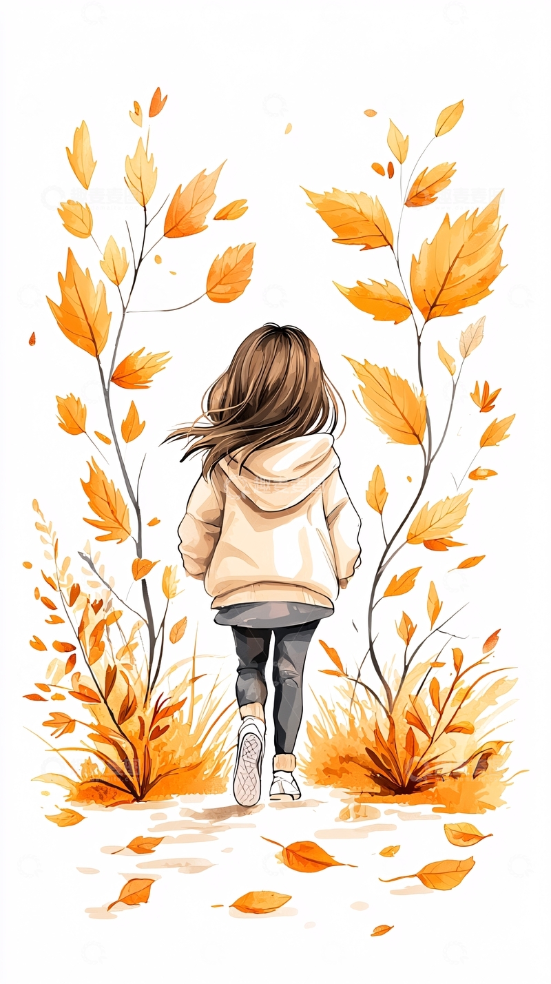 高清大图下载【趣麦麦图】秋日落叶中的背影女孩