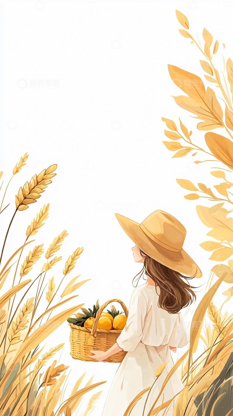 高清大图下载【趣麦麦图】秋日丰收女孩与篮子