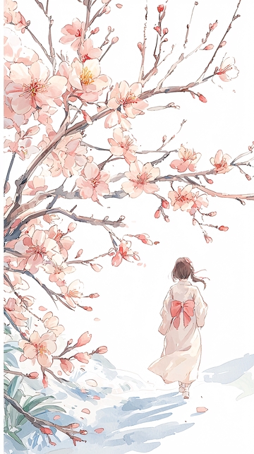 樱花树下漫步的女孩